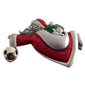 SANTA CLAUS WITH BELL Vintage Signed Pewter Enamel Spoontique Christmas Pin